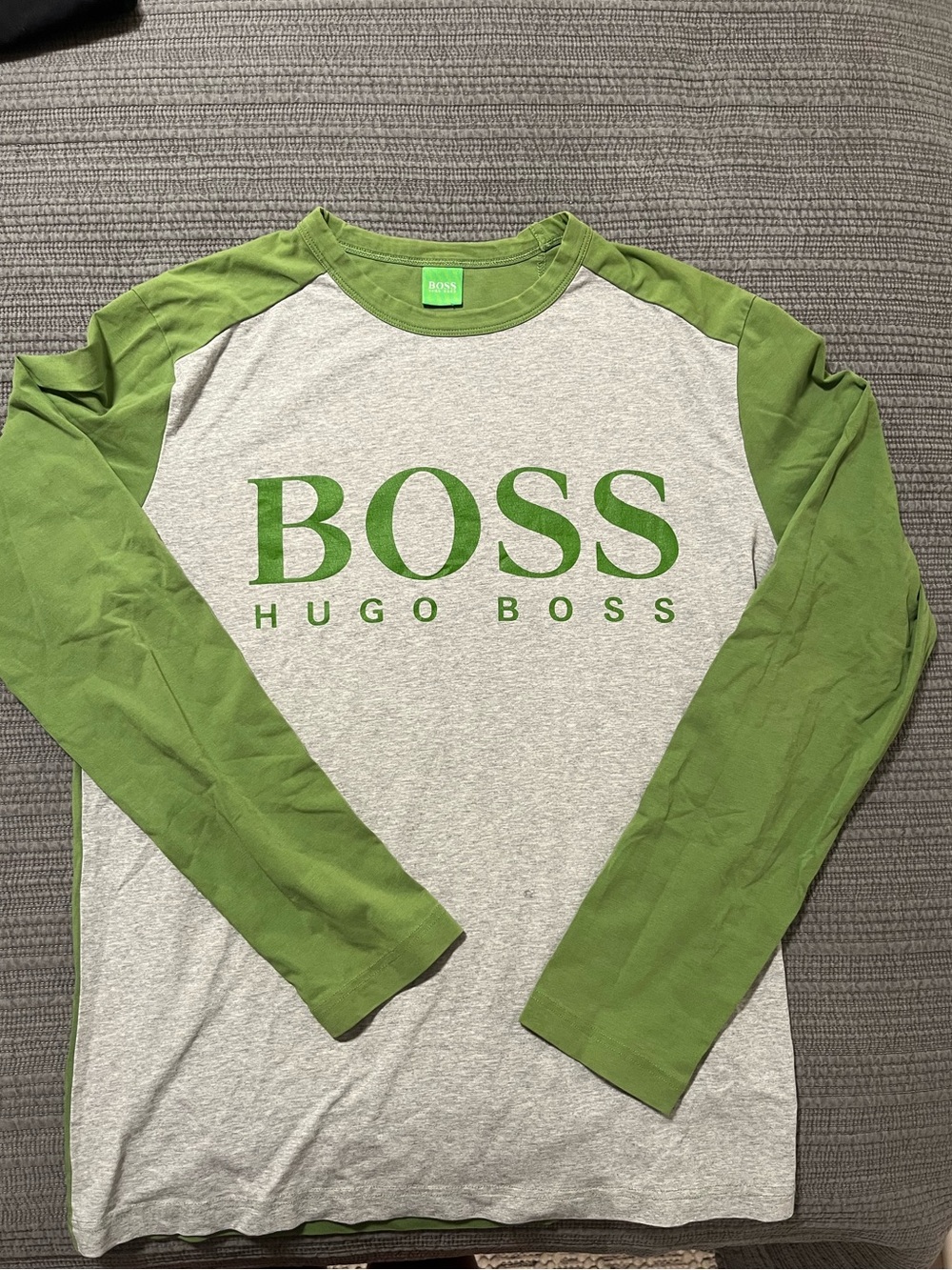 Hugo Boss Green and Gray Men's Long-Sleeve Crewneck Shirt